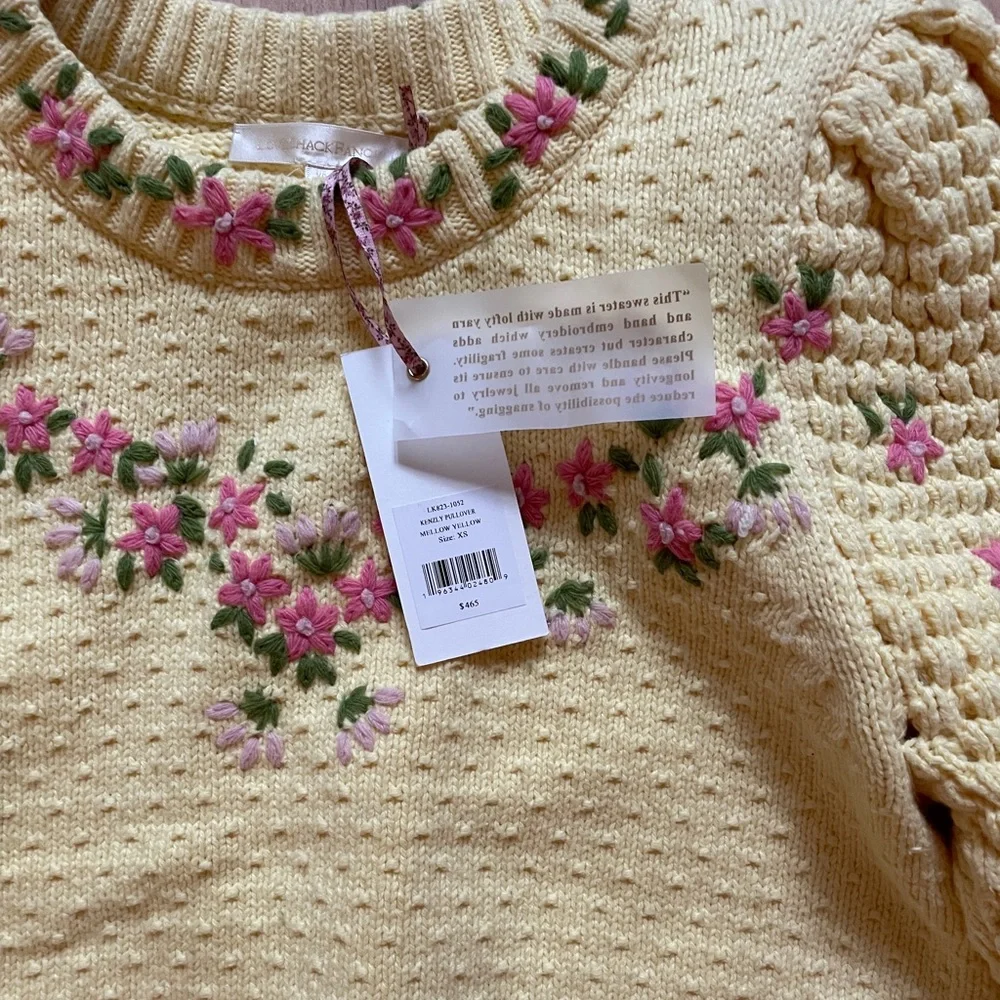 LoveShackFancy Yellow Floral Puff-Sleeve Sweater